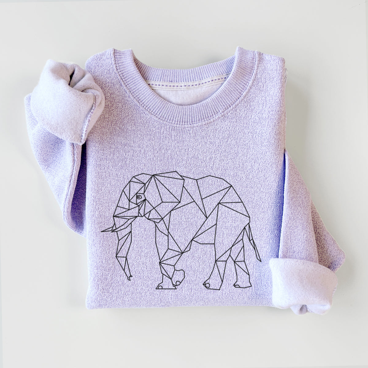 Ice purple knit sweatshirt printed with a black geometric line art elephant, styled flat.