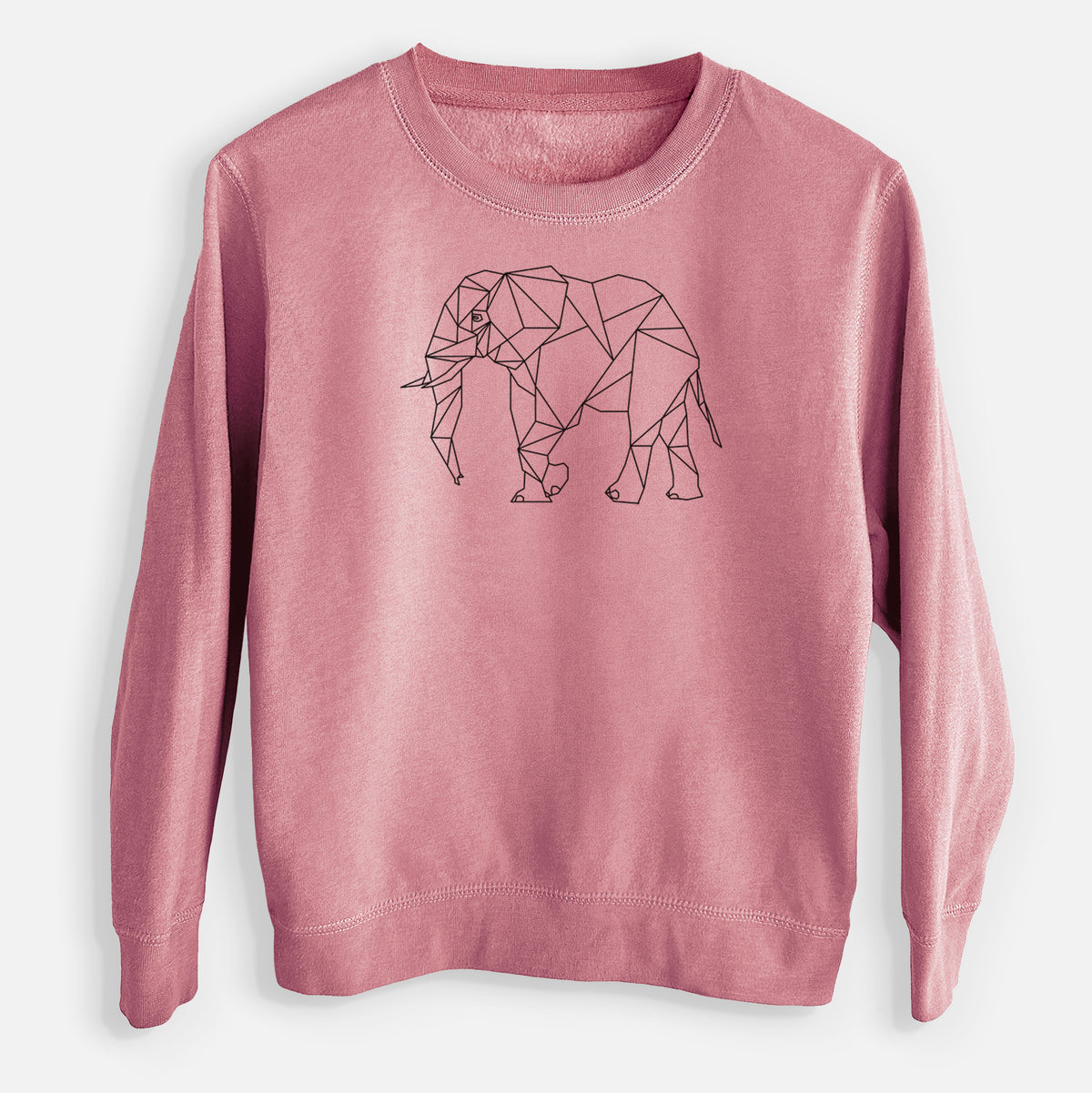 Mauve pink youth crewneck sweatshirt laid flat, printed with a black geometric line art elephant.