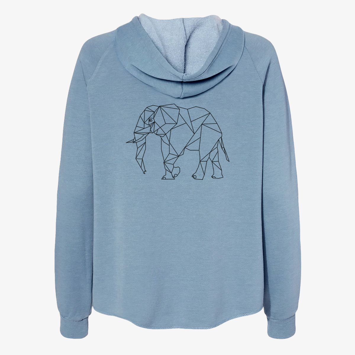 Misty blue women's Cali Wave zip-up sweatshirt laid flat, printed with a black geometric line art elephant.