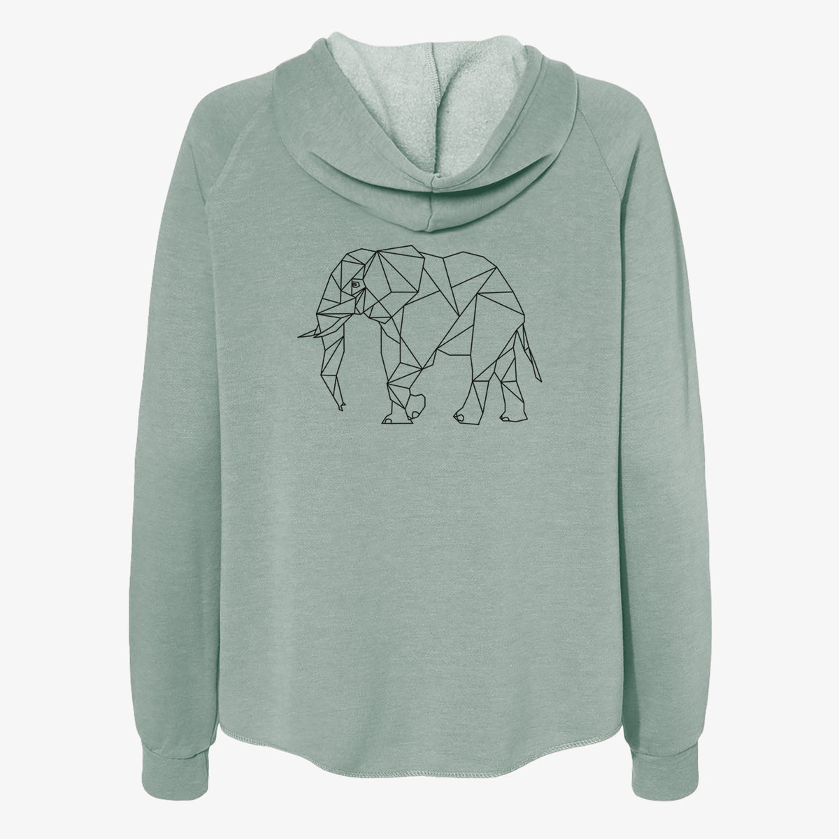 Sage green women's Cali Wave zip-up sweatshirt laid flat, printed with a black geometric line art elephant.