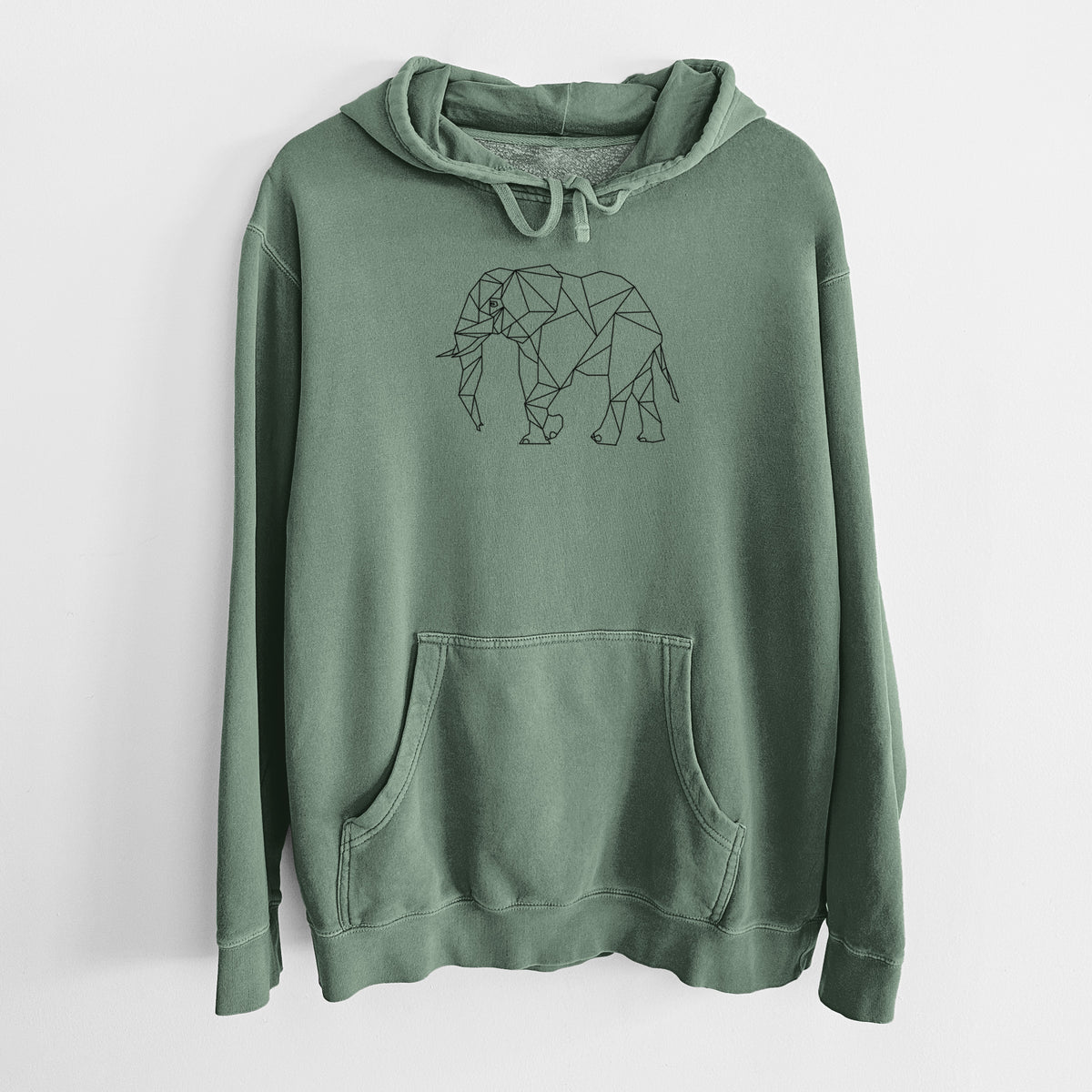 Alpine green pigment dyed hoodie laid flat, printed with a black geometric line art elephant.