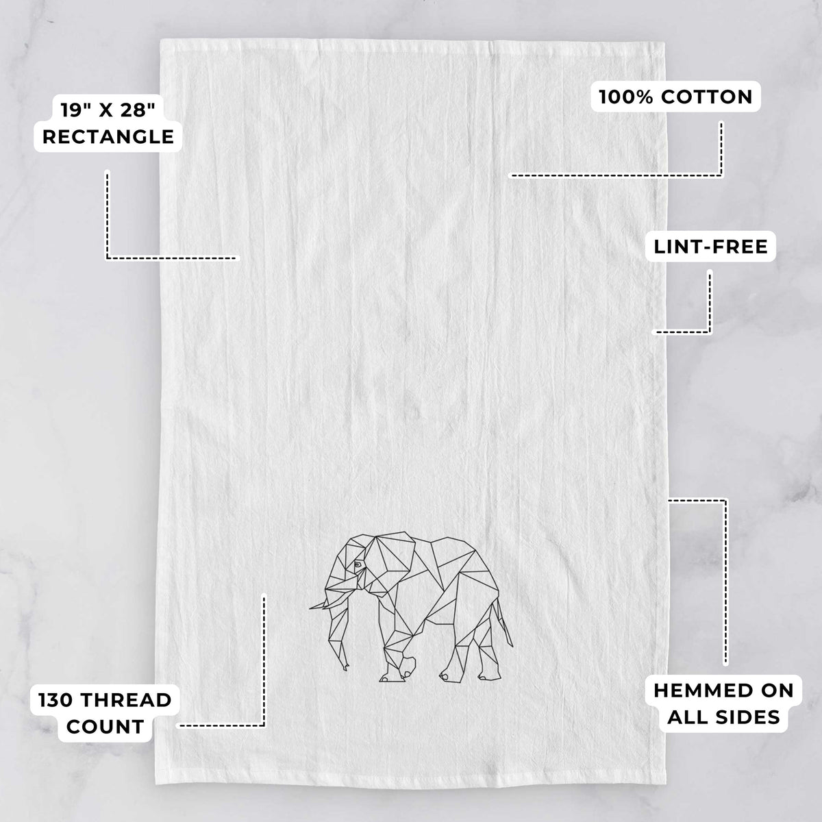 White tea towel printed with a black geometric line art elephant, with feature labels: 19 by 28 inch rectangle, 100% cotton, lint-free, 130 thread count, hemmed on all sides.