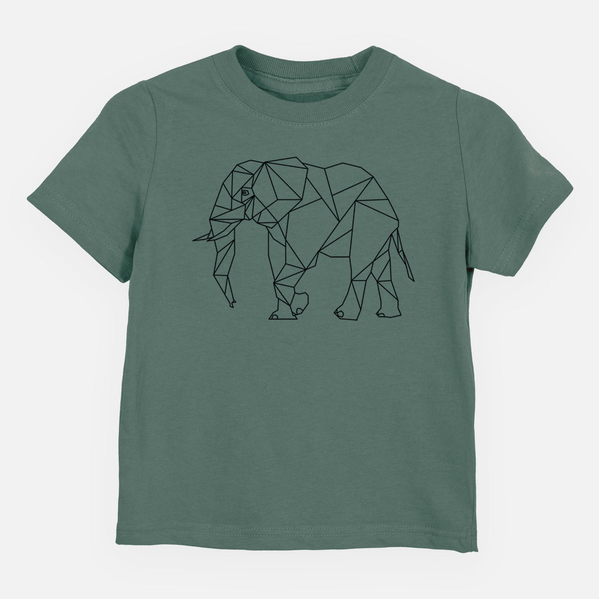 Basil green toddler t-shirt laid flat, printed with a black geometric line art elephant.