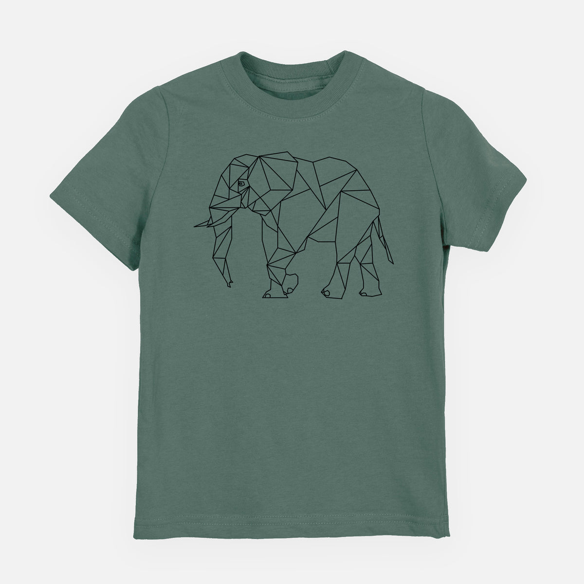 Basil green youth t-shirt laid flat, printed with a black geometric line art elephant.
