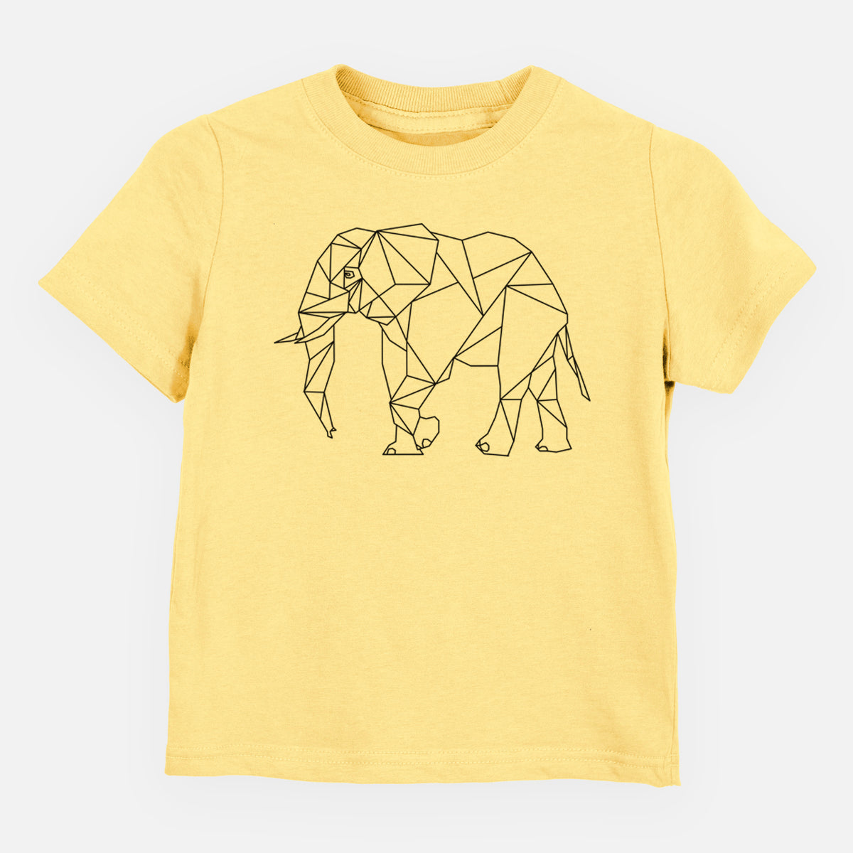 Butter yellow toddler t-shirt laid flat, printed with a black geometric line art elephant.