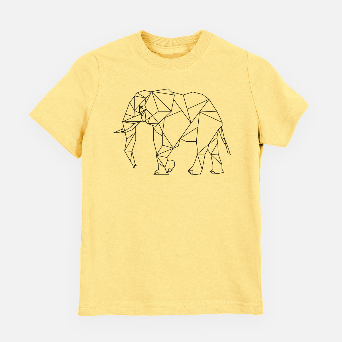 Butter yellow youth t-shirt laid flat, printed with a black geometric line art elephant.