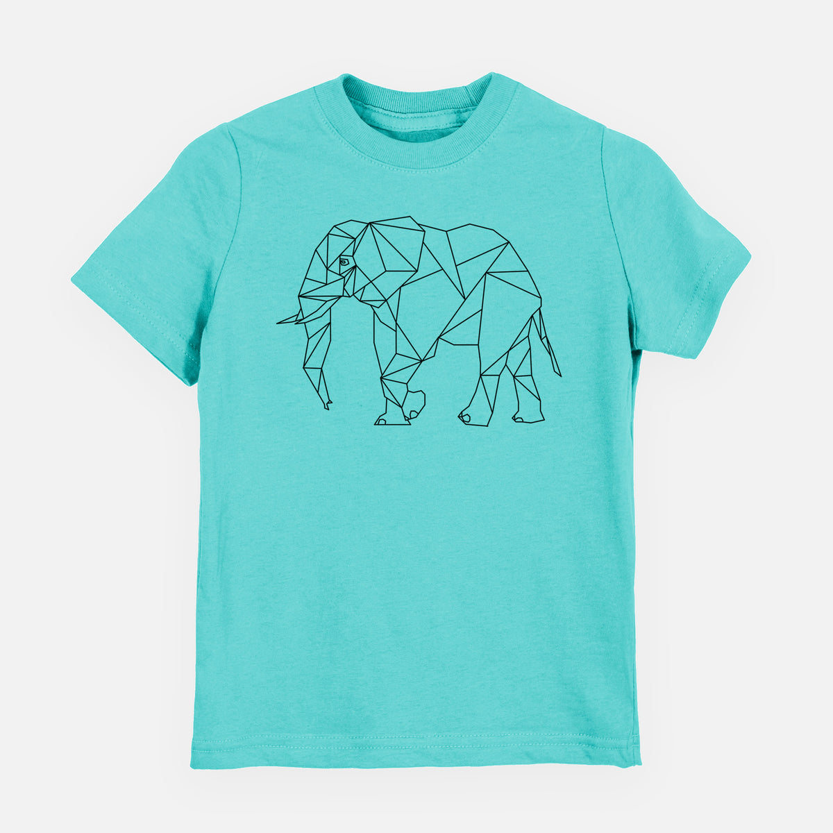 Caribbean blue youth t-shirt laid flat, printed with a black geometric line art elephant.