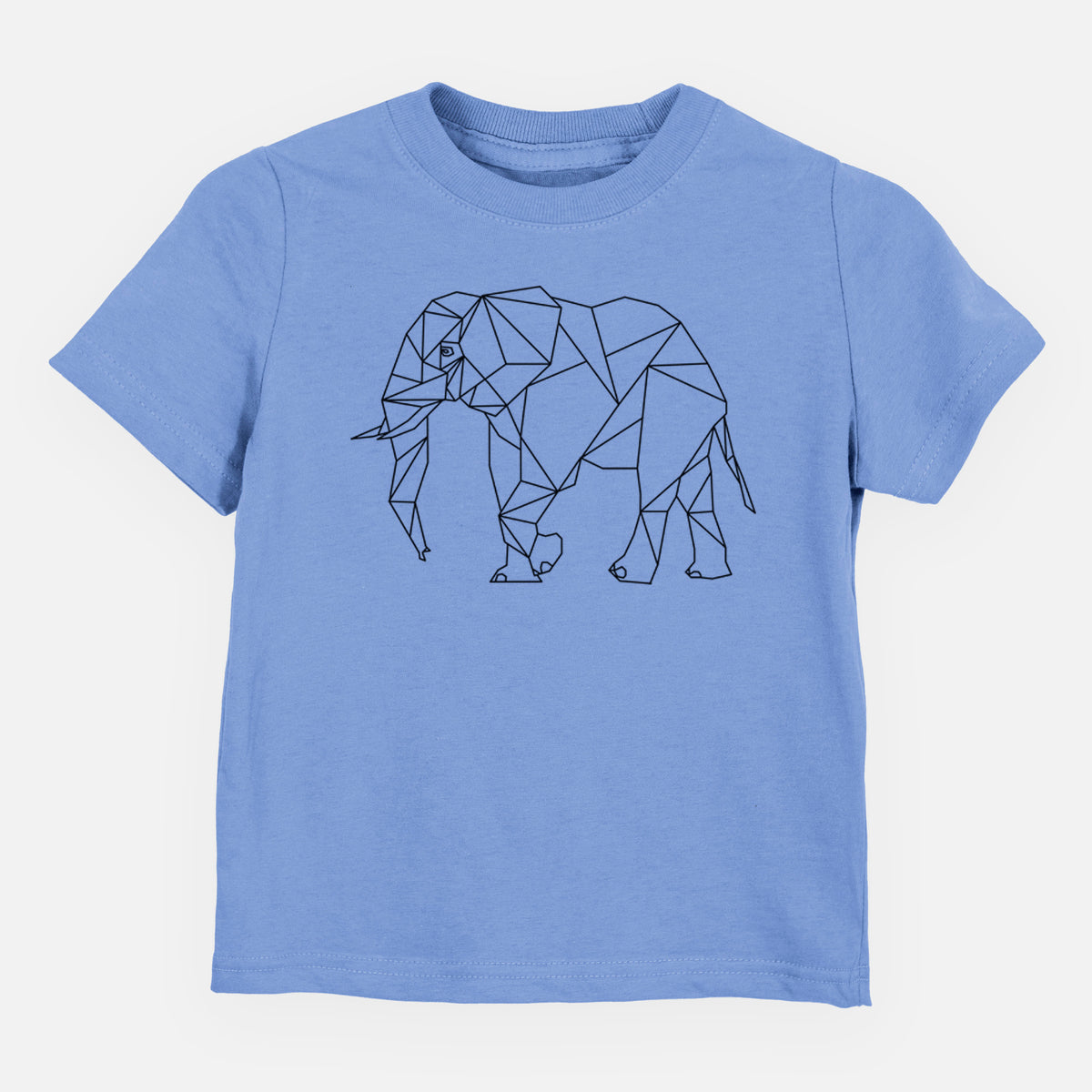 Carolina blue toddler t-shirt laid flat, printed with a black geometric line art elephant.