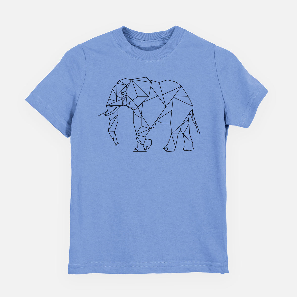 Carolina blue youth t-shirt laid flat, printed with a black geometric line art elephant.