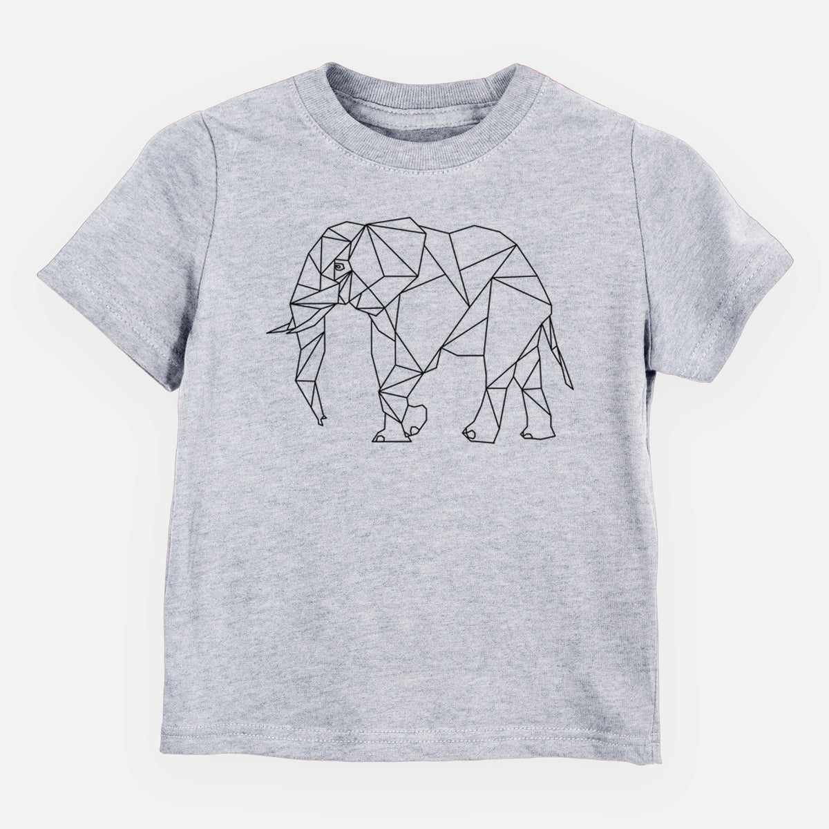 Heather grey toddler t-shirt laid flat, printed with a black geometric line art elephant.