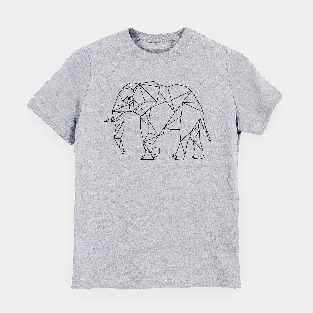 Heather grey youth t-shirt laid flat, printed with a black geometric line art elephant.