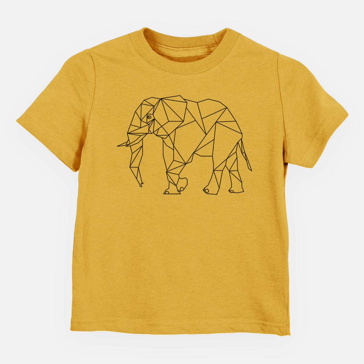 Honeycomb yellow toddler t-shirt laid flat, printed with a black geometric line art elephant.