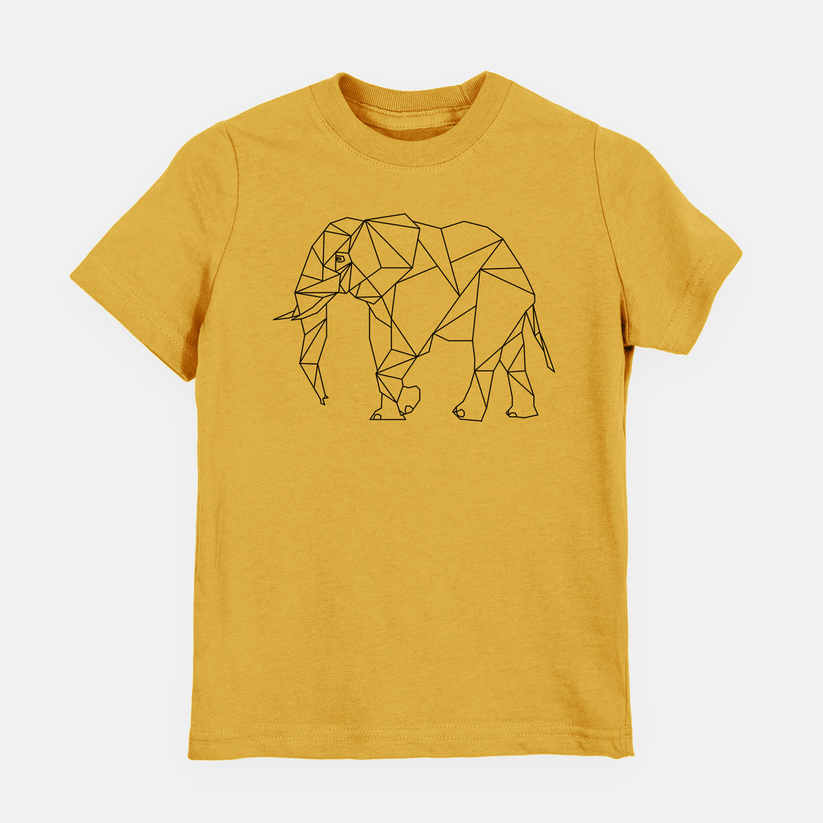 Honeycomb yellow youth t-shirt laid flat, printed with a black geometric line art elephant.