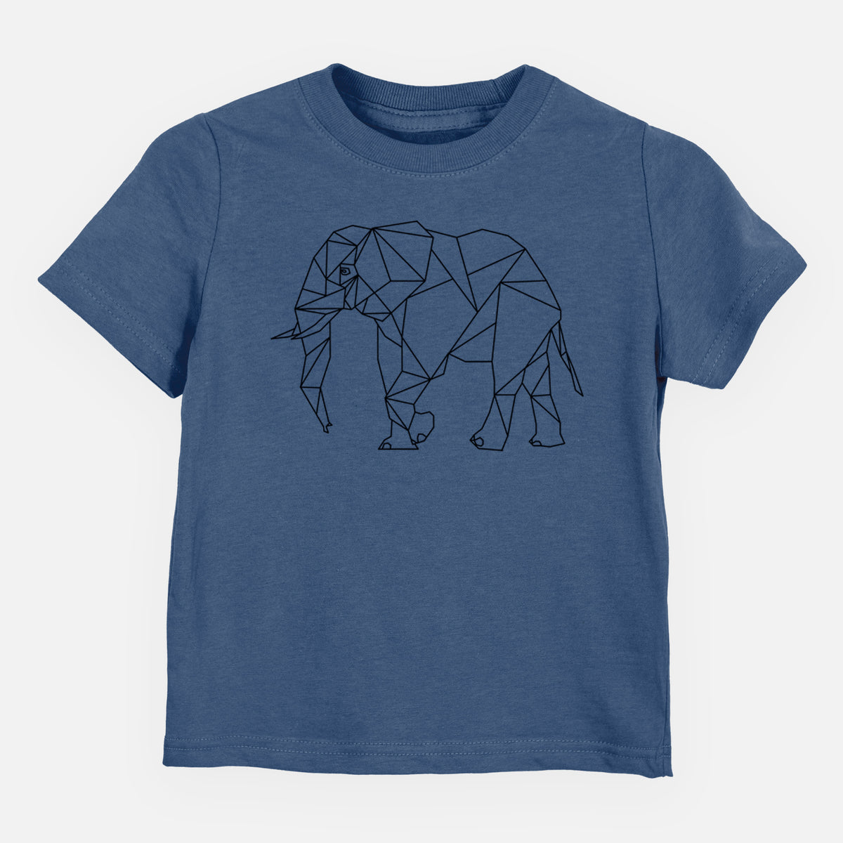 Indigo blue toddler t-shirt laid flat, printed with a black geometric line art elephant.