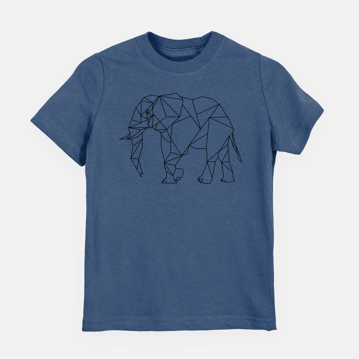 Indigo blue youth t-shirt laid flat, printed with a black geometric line art elephant.