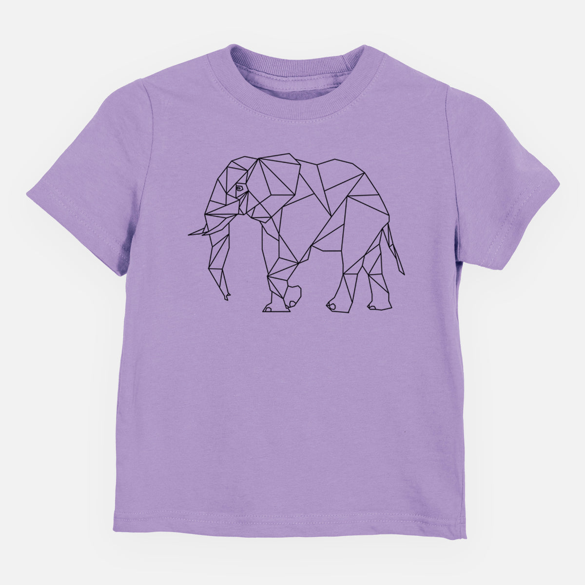 Lavender toddler t-shirt laid flat, printed with a black geometric line art elephant.