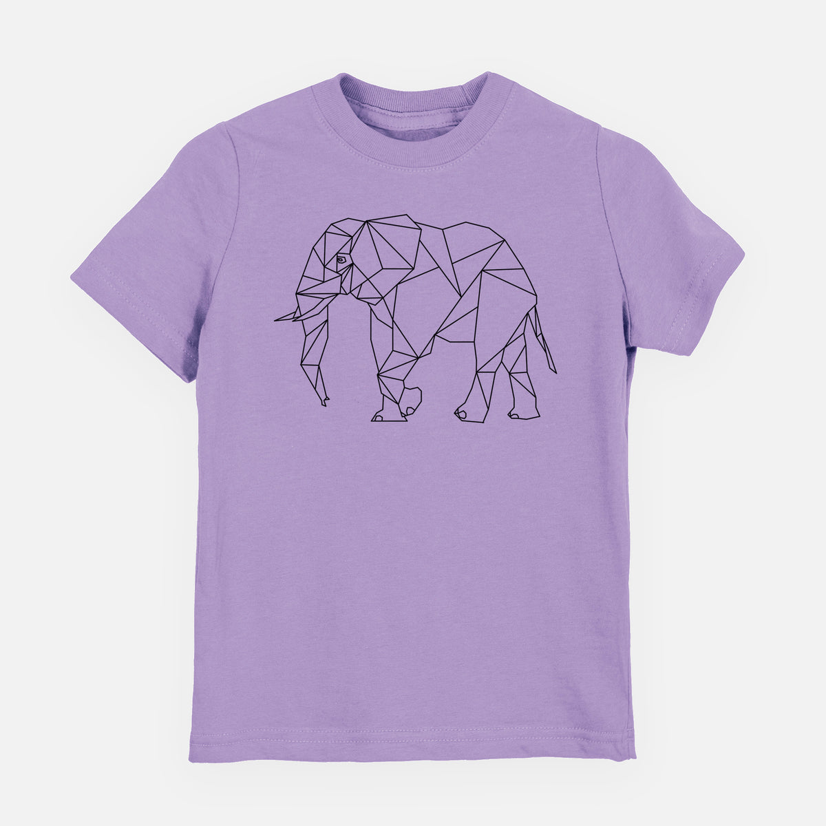 Lavender youth t-shirt laid flat, printed with a black geometric line art elephant.