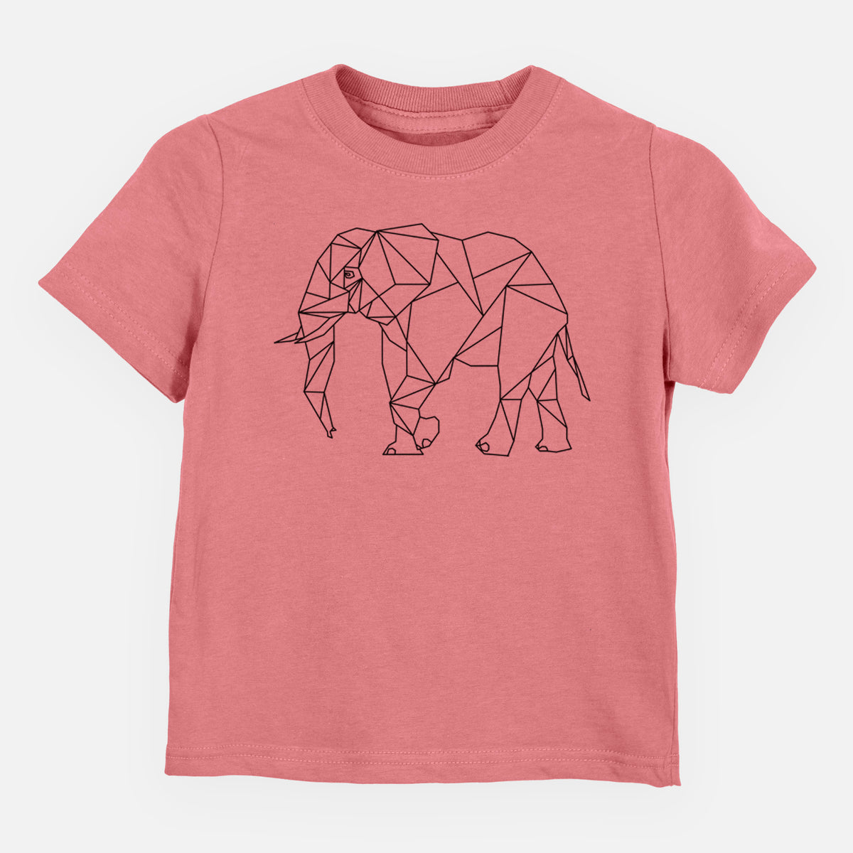 Mauve pink toddler t-shirt laid flat, printed with a black geometric line art elephant.