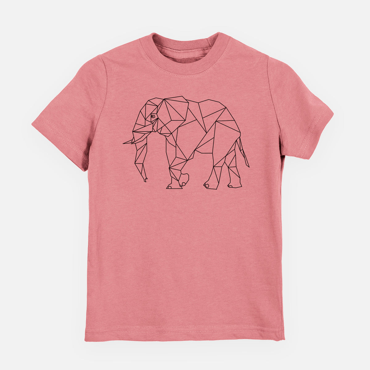 Mauve pink youth t-shirt laid flat, printed with a black geometric line art elephant.