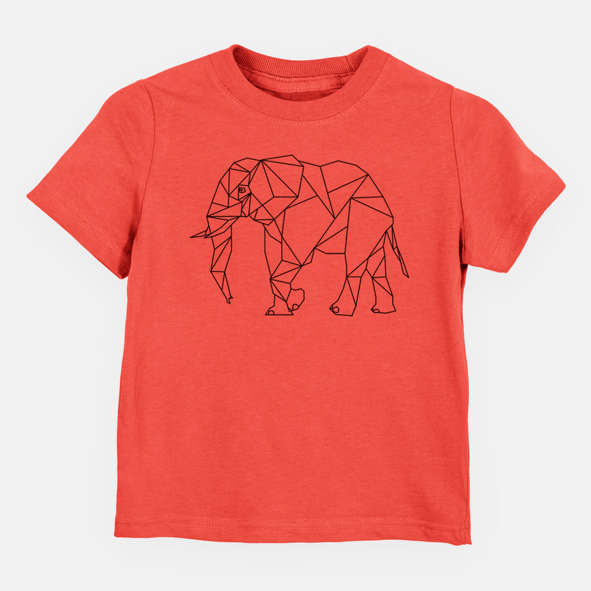 Passionfruit pink toddler t-shirt laid flat, printed with a black geometric line art elephant.