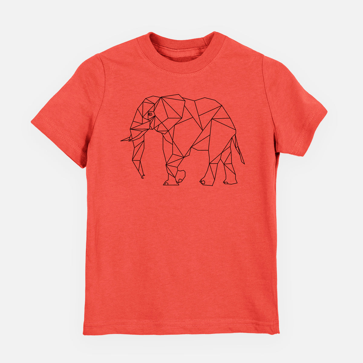 Passionfruit pink youth t-shirt laid flat, printed with a black geometric line art elephant.