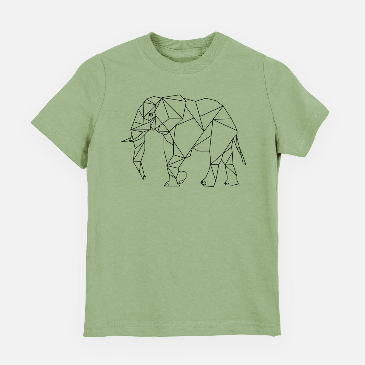 Sage green youth t-shirt laid flat, printed with a black geometric line art elephant.