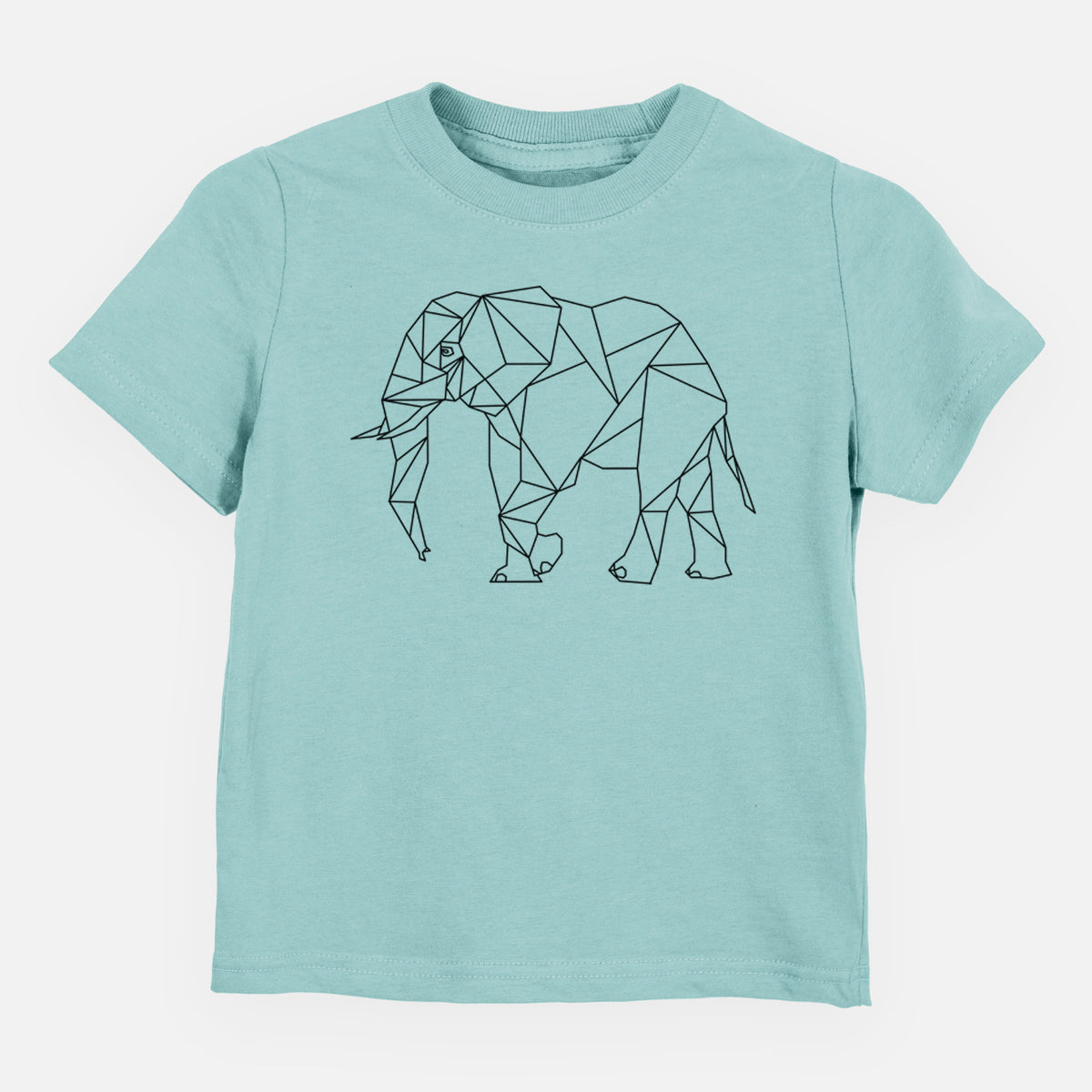 Saltwater toddler t-shirt laid flat, printed with a black geometric line art elephant.