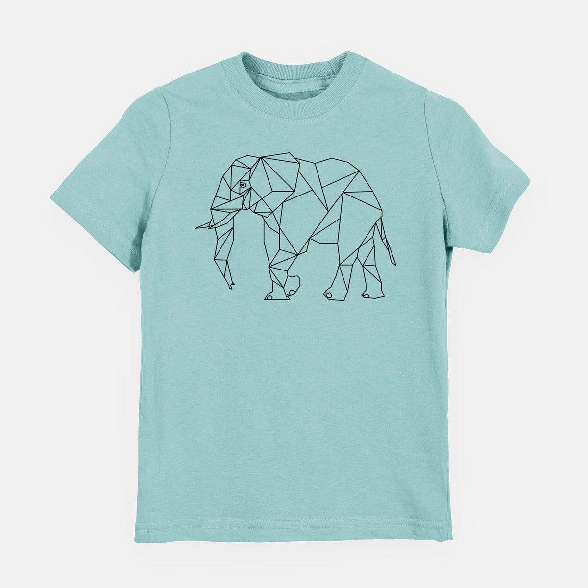 Saltwater youth t-shirt laid flat, printed with a black geometric line art elephant.
