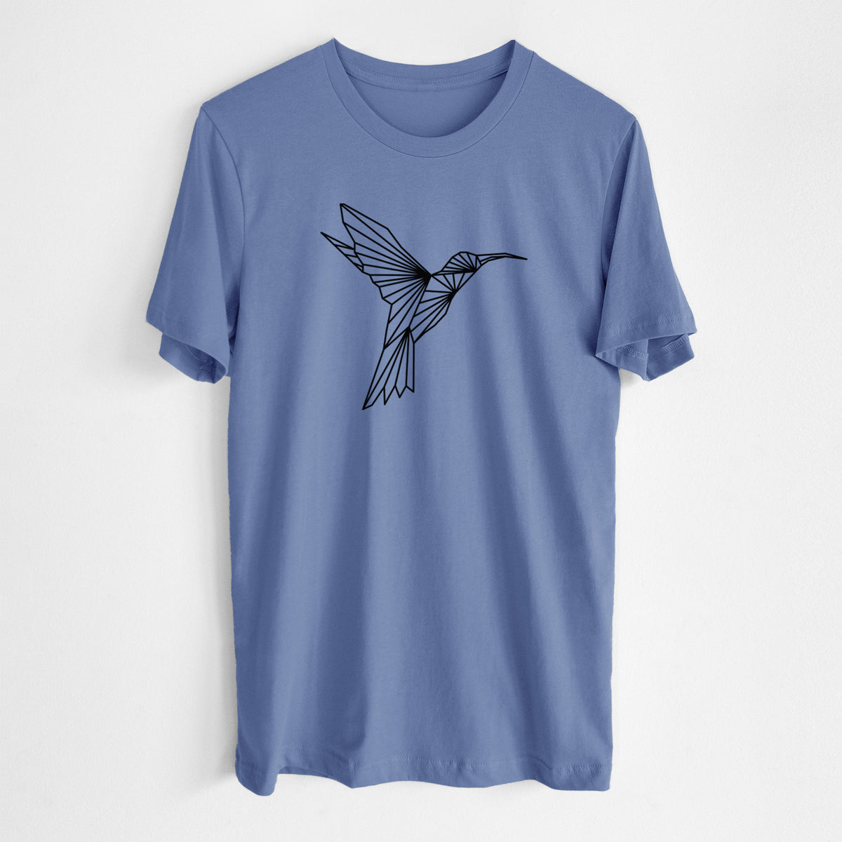 Blue bell lightweight cotton t-shirt laid flat, printed with a black geometric line art hummingbird in flight.