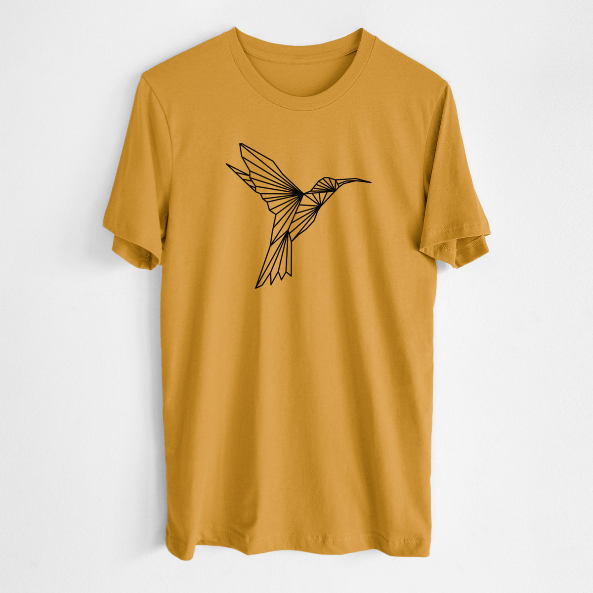 Honeycomb yellow lightweight cotton t-shirt laid flat, printed with a black geometric line art hummingbird in flight.