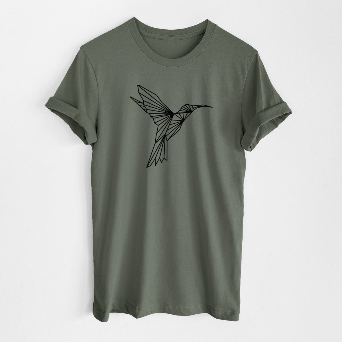 Military green lightweight cotton t-shirt laid flat, printed with a black geometric line art hummingbird in flight.
