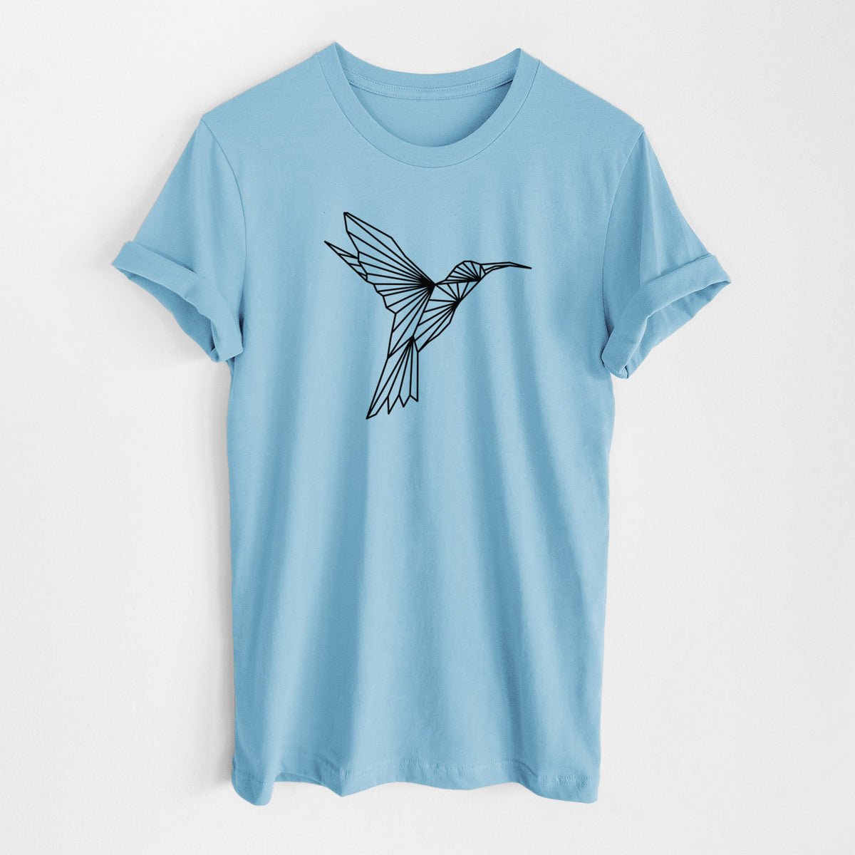 Ocean blue lightweight cotton t-shirt laid flat, printed with a black geometric line art hummingbird in flight.