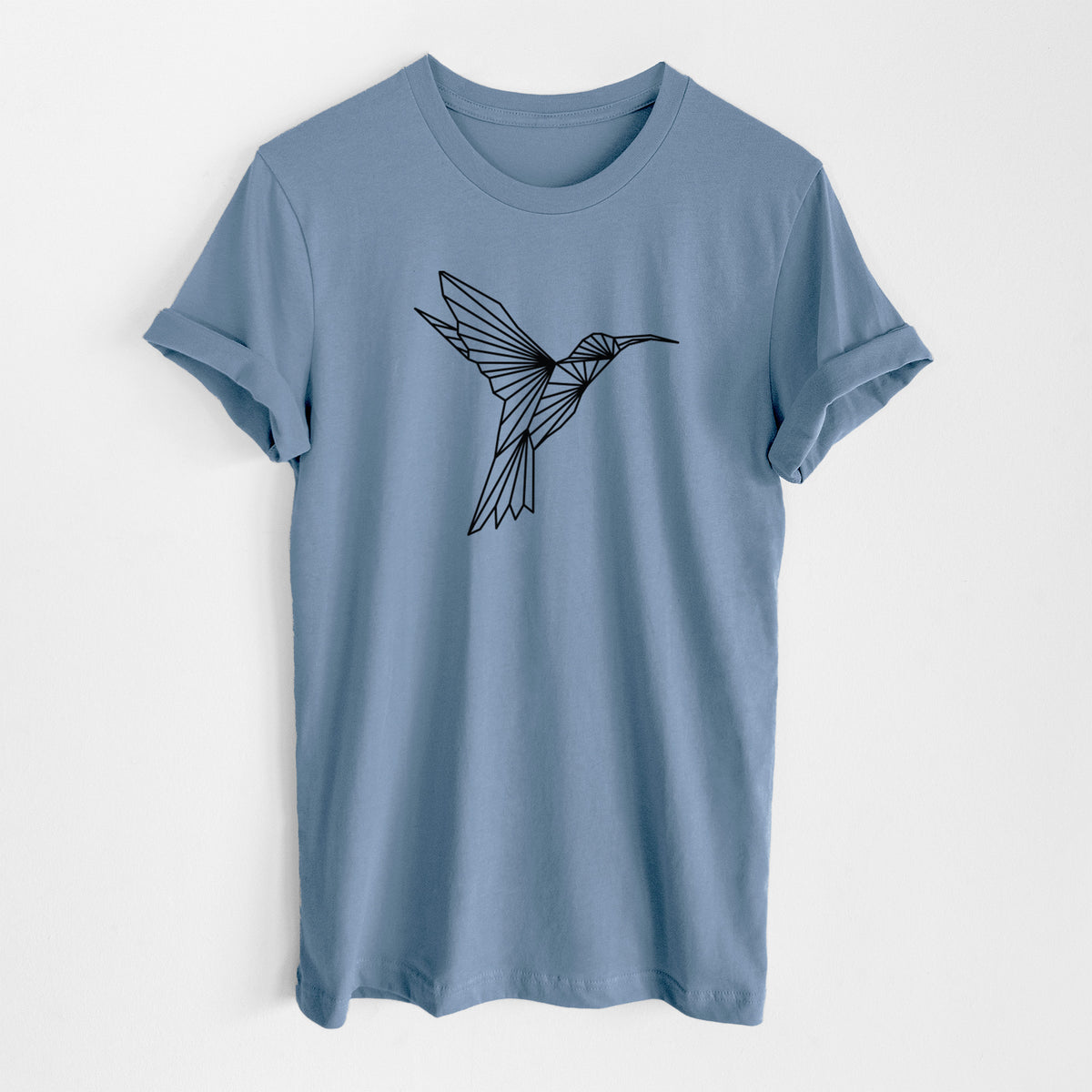 Steel blue lightweight cotton t-shirt laid flat, printed with a black geometric line art hummingbird in flight.