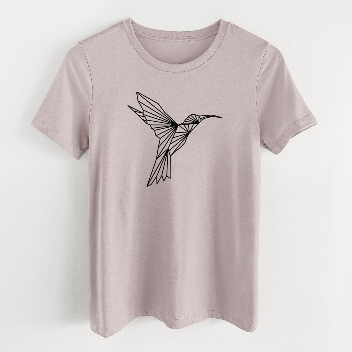 Pink gravel women's relaxed fit cotton t-shirt laid flat, printed with a black geometric line art hummingbird in flight.