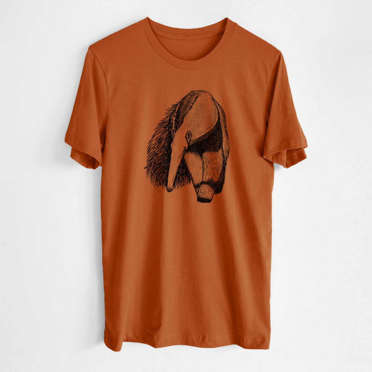 Autumn lightweight cotton t-shirt laid flat, printed with a detailed black ink illustration of a giant anteater with its long snout and bushy tail.