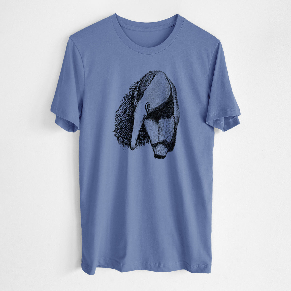 Blue bell lightweight cotton t-shirt laid flat, printed with a detailed black ink illustration of a giant anteater with its long snout and bushy tail.