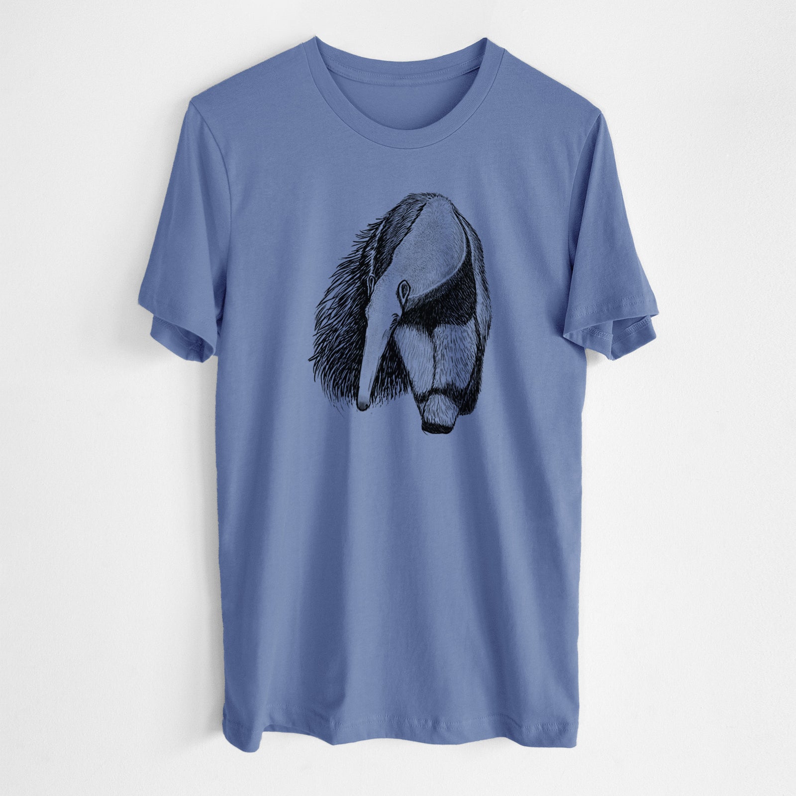 Blue bell lightweight cotton t-shirt laid flat, printed with a detailed black ink illustration of a giant anteater with its long snout and bushy tail.