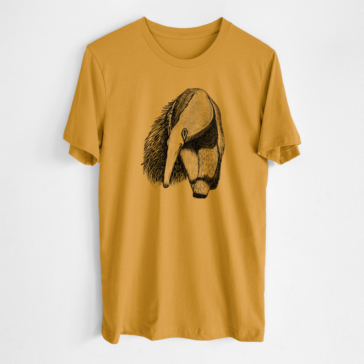 Honeycomb yellow lightweight cotton t-shirt laid flat, printed with a detailed black ink illustration of a giant anteater with its long snout and bushy tail.