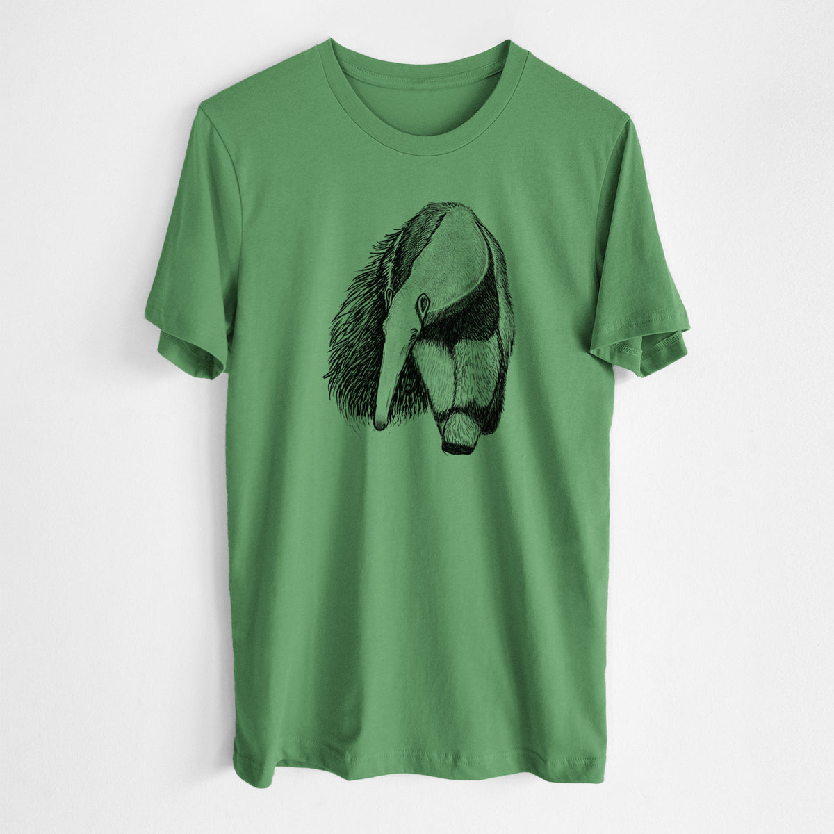 Leaf green lightweight cotton t-shirt laid flat, printed with a detailed black ink illustration of a giant anteater with its long snout and bushy tail.