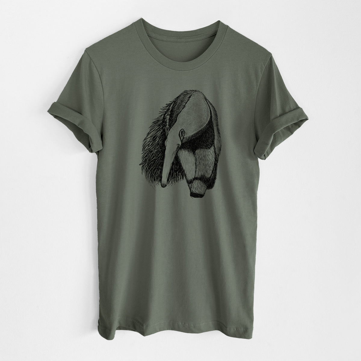 Military green lightweight cotton t-shirt laid flat, printed with a detailed black ink illustration of a giant anteater with its long snout and bushy tail.