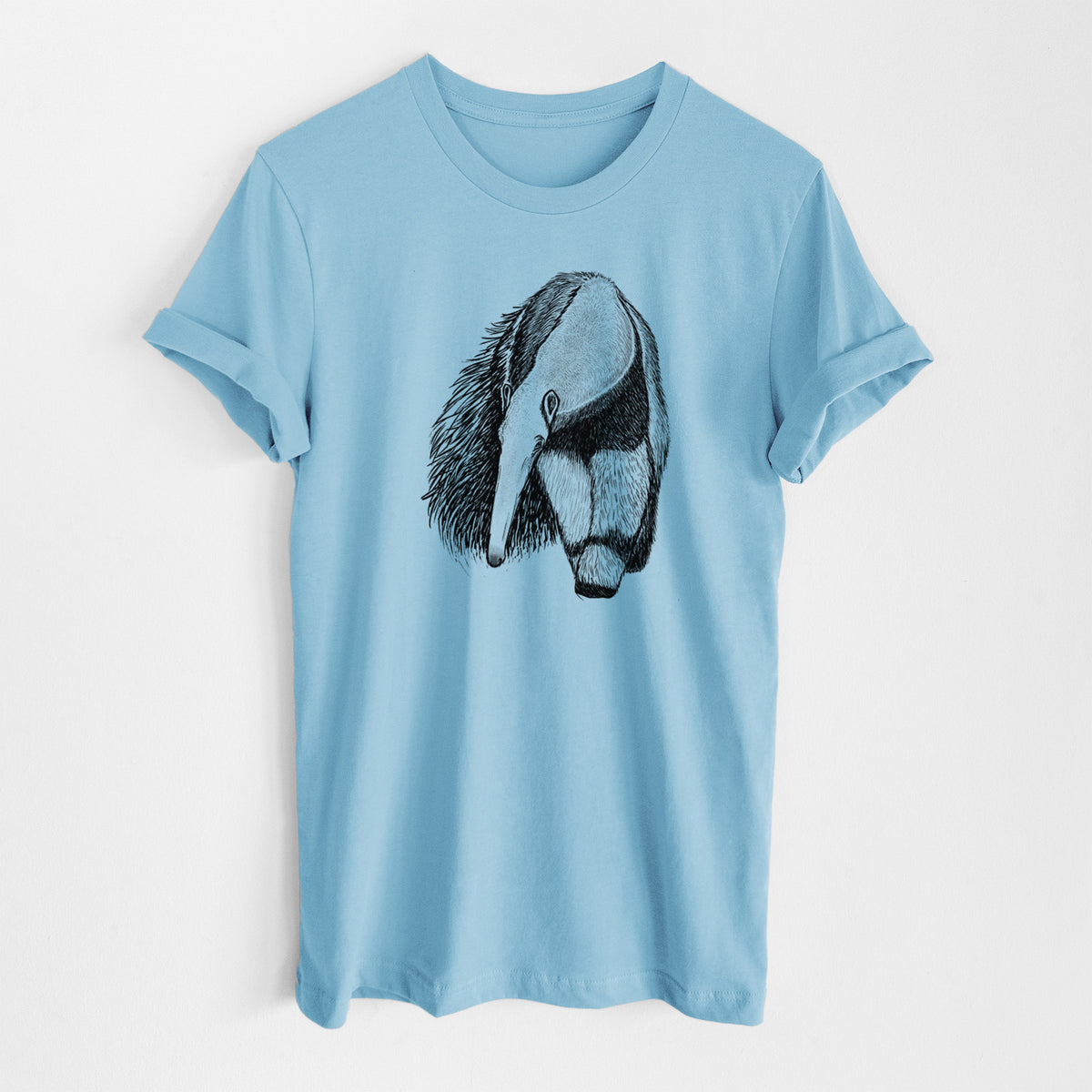 Ocean blue lightweight cotton t-shirt laid flat, printed with a detailed black ink illustration of a giant anteater with its long snout and bushy tail.