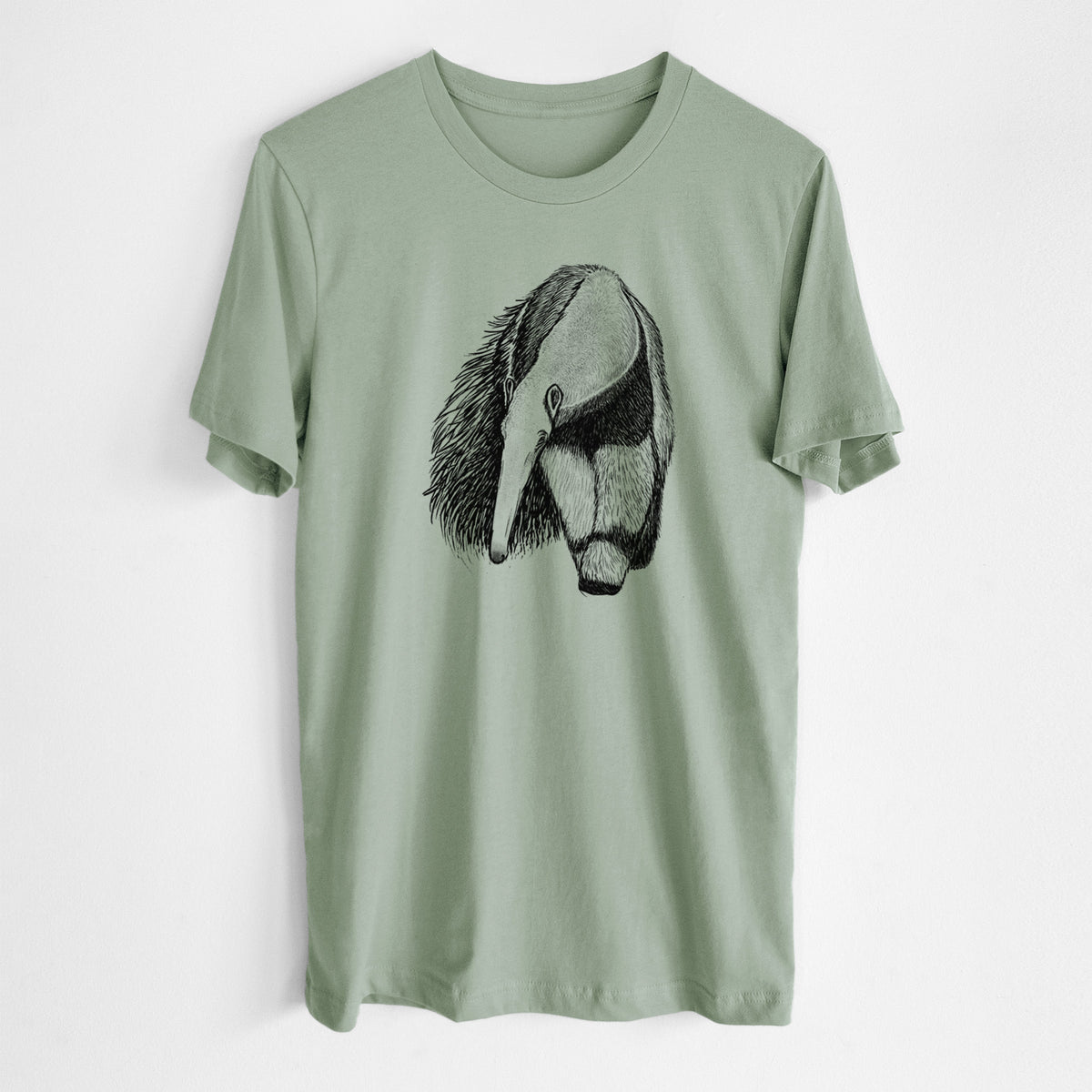 Sage green lightweight cotton t-shirt laid flat, printed with a detailed black ink illustration of a giant anteater with its long snout and bushy tail.