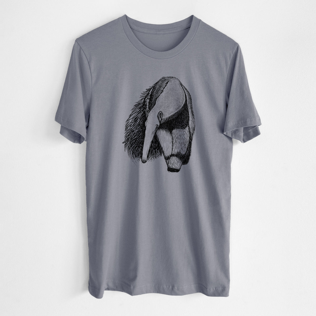 Storm grey lightweight cotton t-shirt laid flat, printed with a detailed black ink illustration of a giant anteater with its long snout and bushy tail.