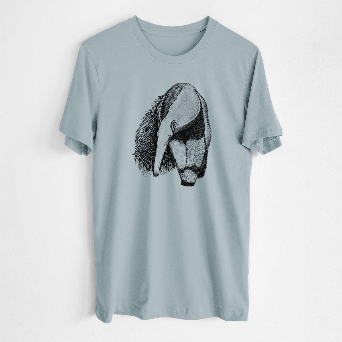 Vintage denim lightweight cotton t-shirt laid flat, printed with a detailed black ink illustration of a giant anteater with its long snout and bushy tail.