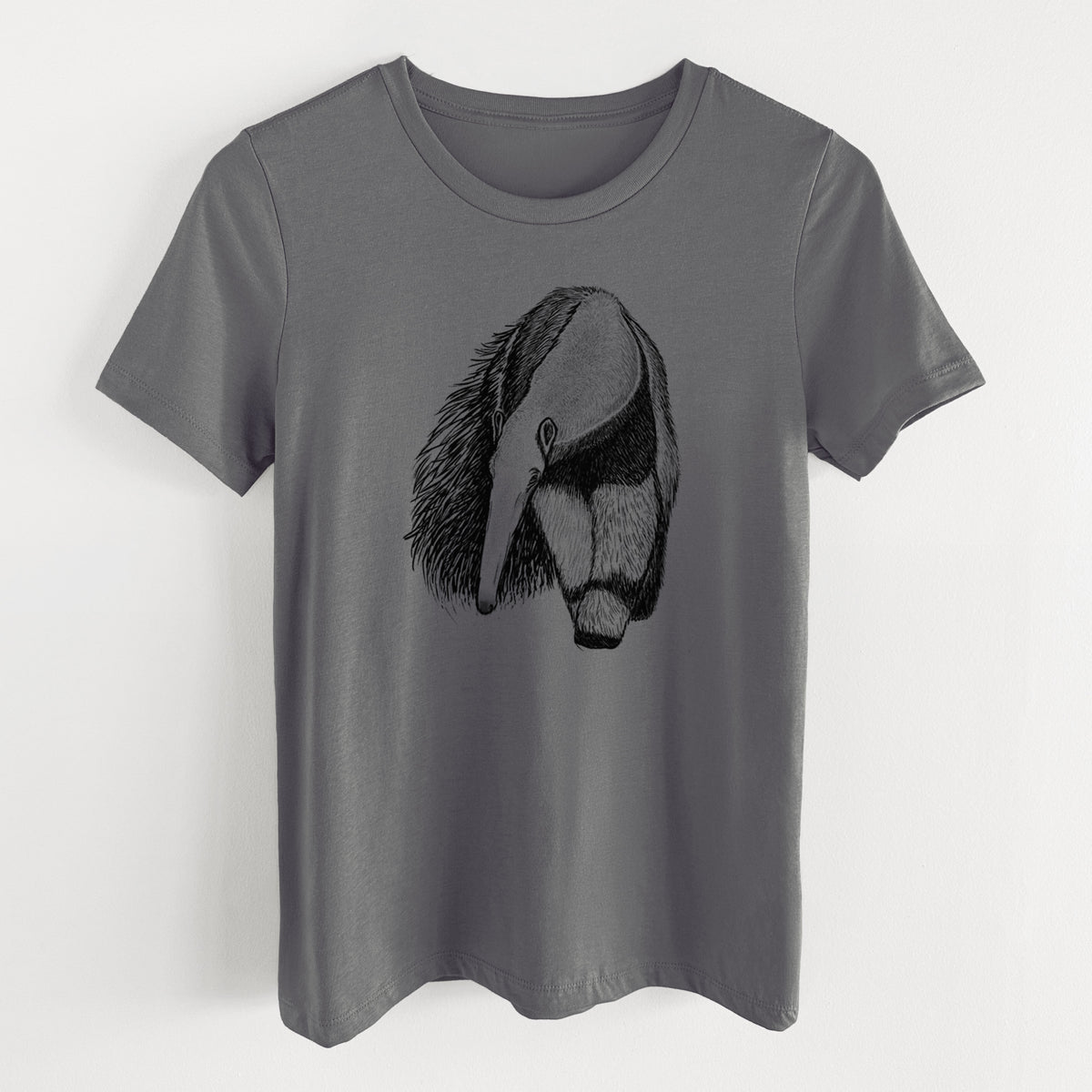 Asphalt women's relaxed fit cotton t-shirt laid flat, printed with a detailed black ink illustration of a giant anteater with its long snout and bushy tail.