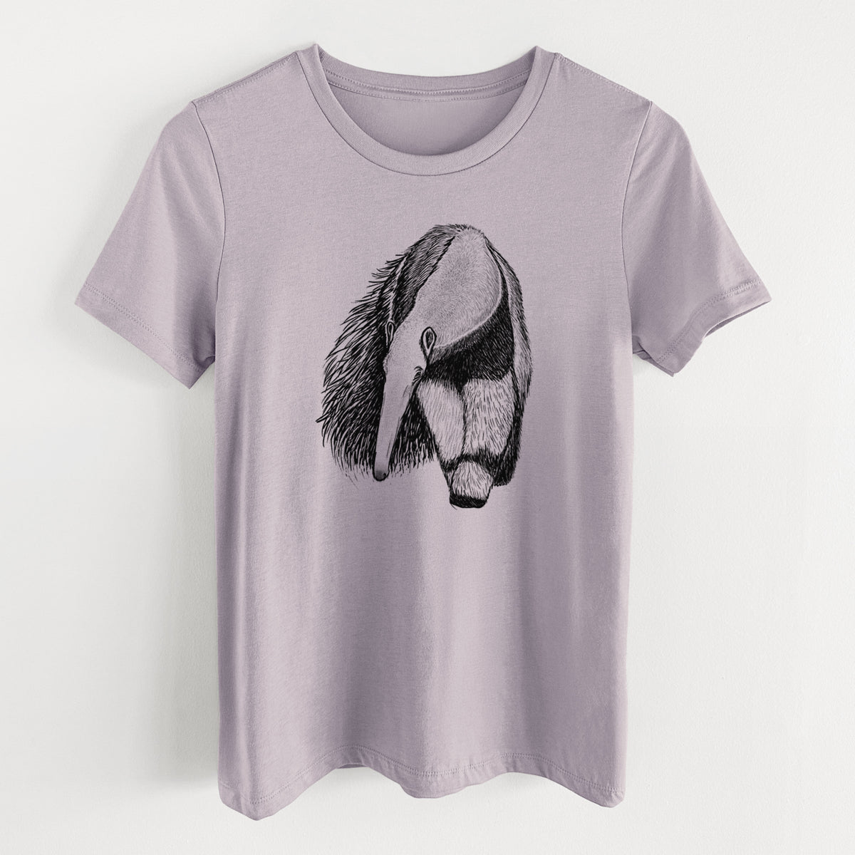 Light violet women's relaxed fit cotton t-shirt laid flat, printed with a detailed black ink illustration of a giant anteater with its long snout and bushy tail.