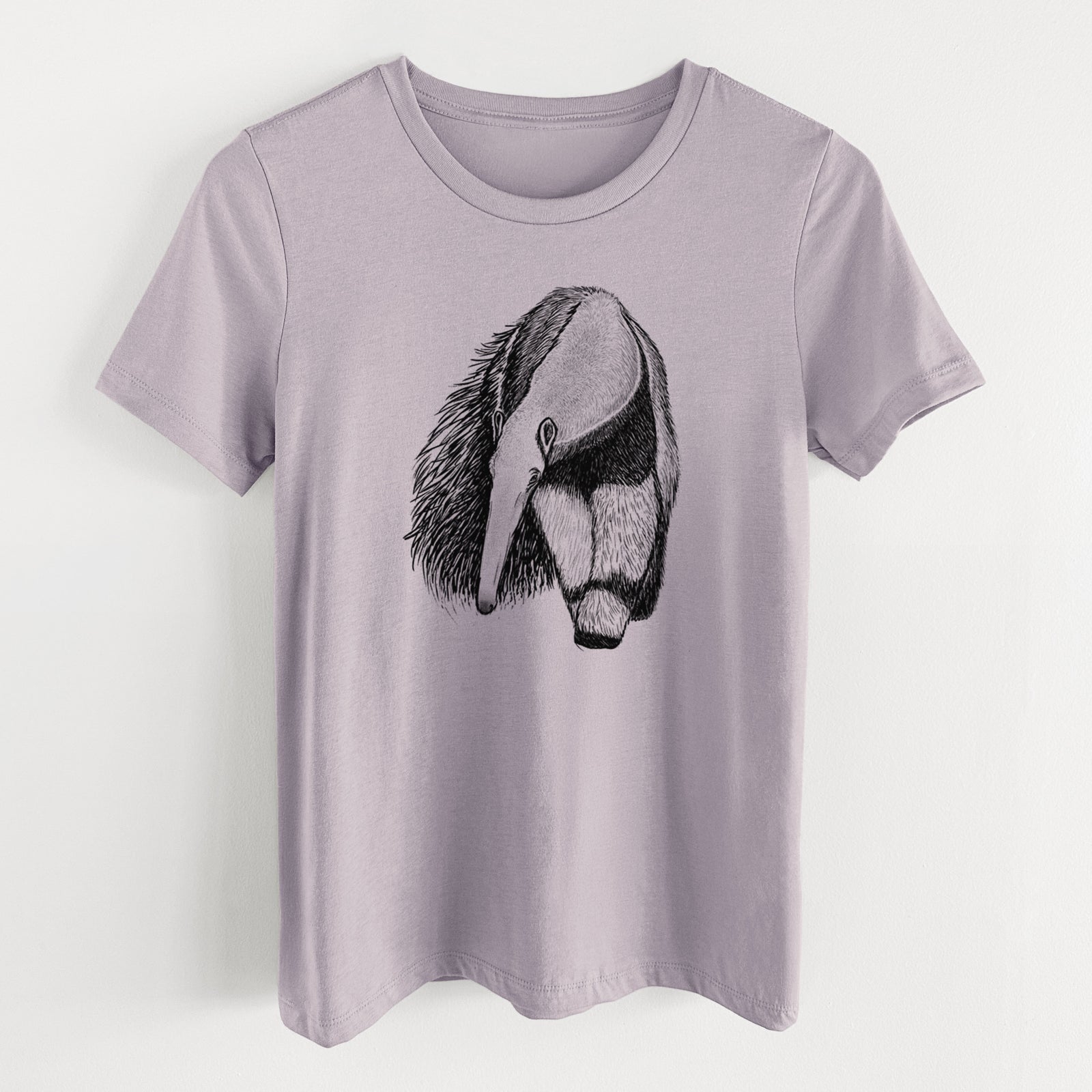 Light violet women's relaxed fit cotton t-shirt laid flat, printed with a detailed black ink illustration of a giant anteater with its long snout and bushy tail.