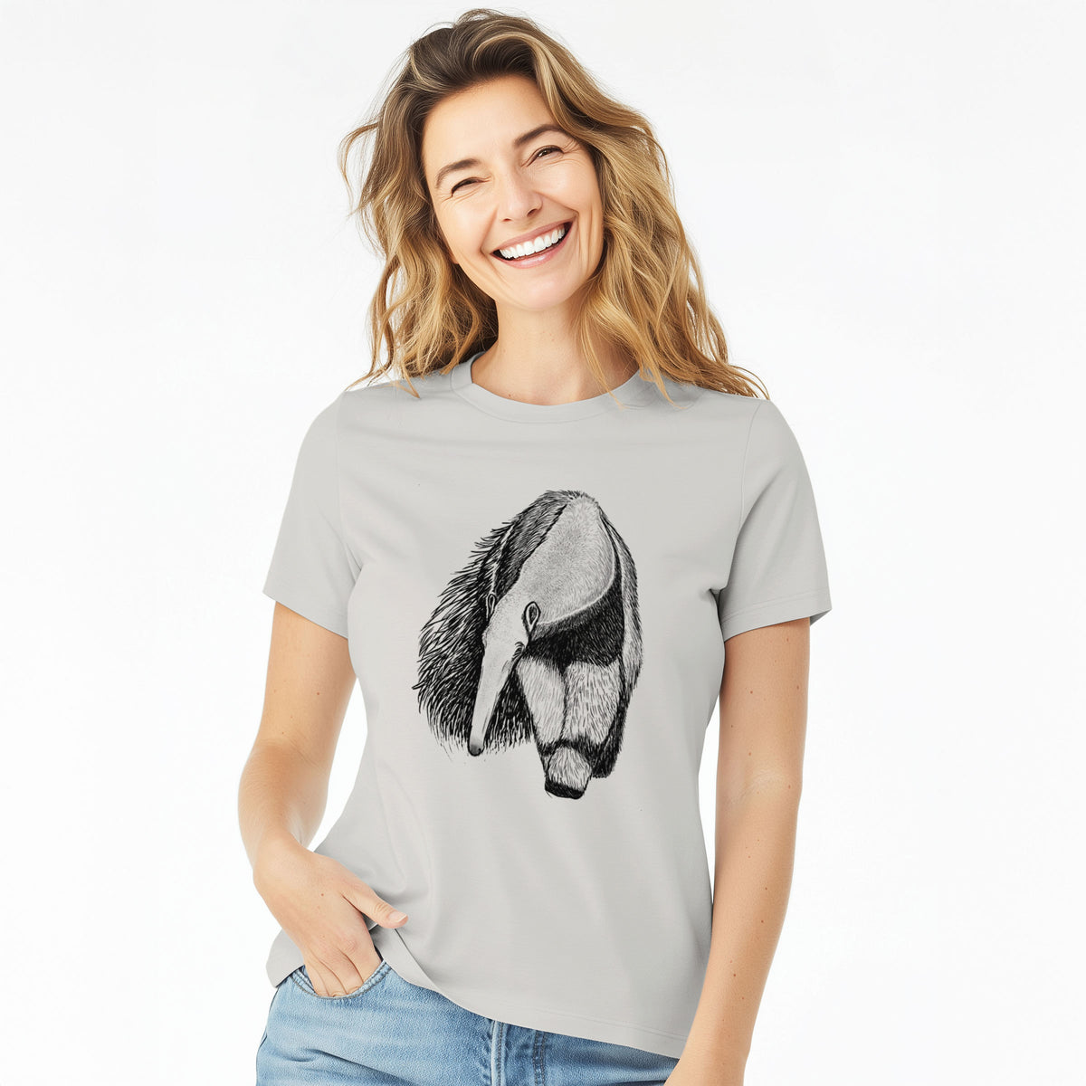 Woman wearing a lunar grey women's relaxed fit cotton t-shirt printed with a detailed black ink illustration of a giant anteater with its long snout and bushy tail.