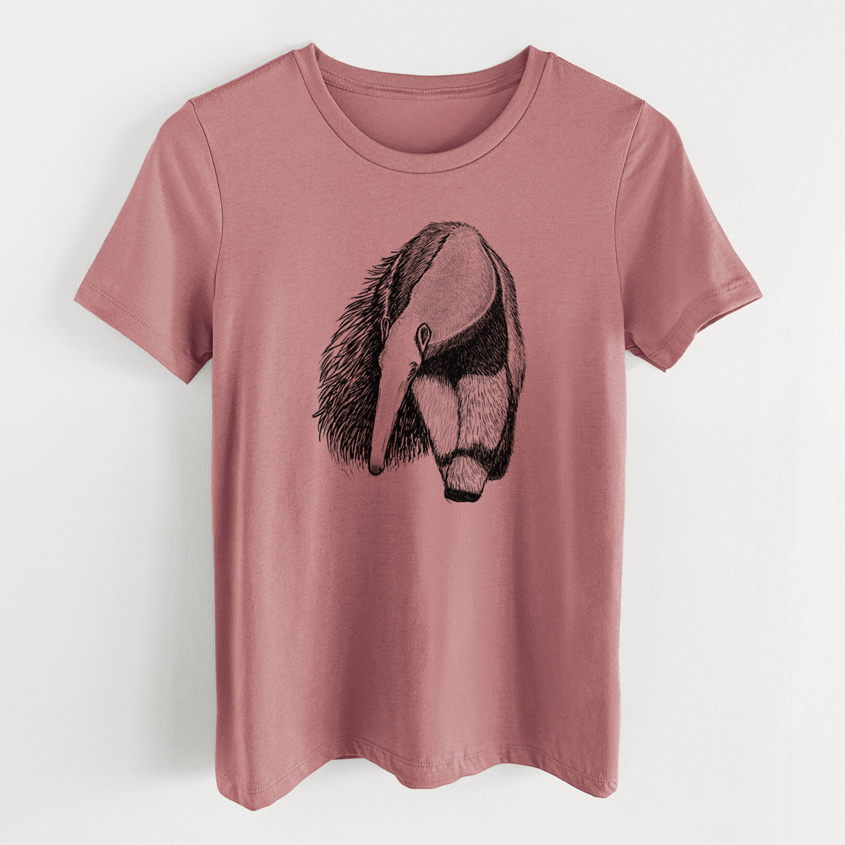 Mauve pink women's relaxed fit cotton t-shirt laid flat, printed with a detailed black ink illustration of a giant anteater with its long snout and bushy tail.
