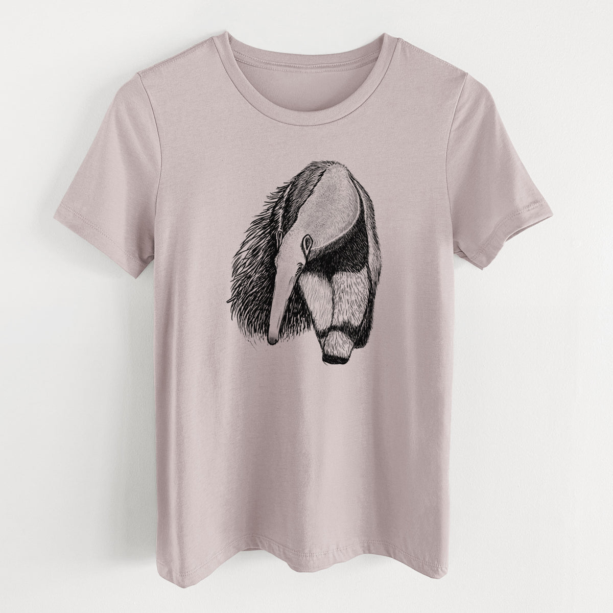 Pink gravel women's relaxed fit cotton t-shirt laid flat, printed with a detailed black ink illustration of a giant anteater with its long snout and bushy tail.